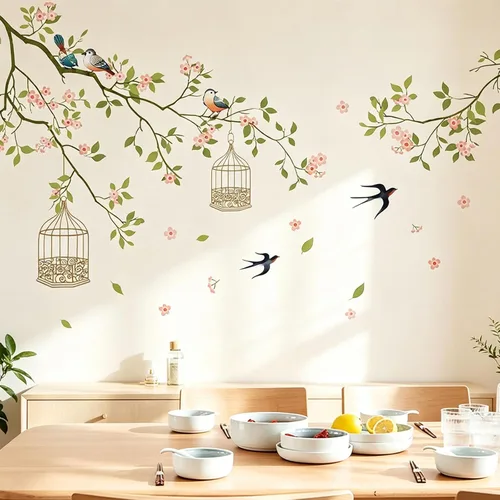 Arawat Juego de 2 calcomanías de pared con diseño de flor de cerezo para despegar y pegar, calcomanías de árbol de pájaros, murales florales grandes