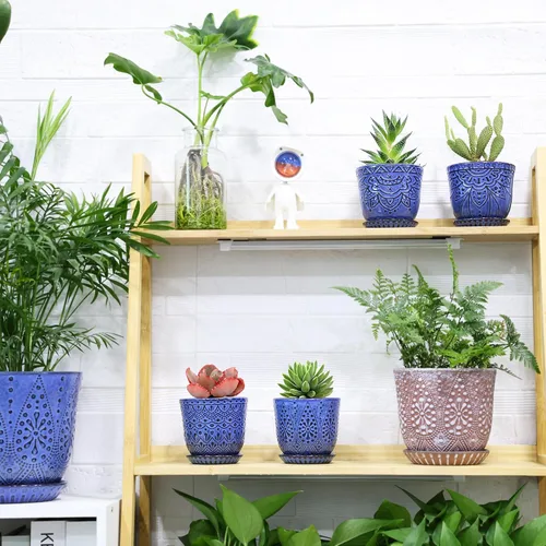 Miniatura 6 de Gepege Macetas para suculentas, maceta pequeña de cerámica para interiores de 4 pulgadas con agujeros de drenaje y platillos para plantas, color Azul