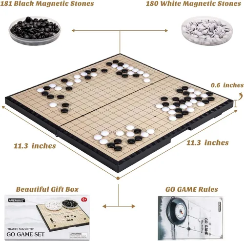 Miniatura 3 de AMEROUS Juego magnético Go de 11 pulgadas (19 x 19), juego de mesa plegable de viaje con piedras magnéticas de plástico y reglas de juego Go