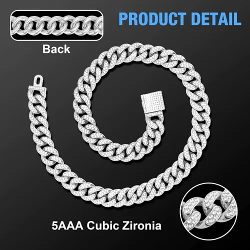 Miniatura 5 de Collar cubano de cadena para perro, collar de metal plateado para caminar con hebilla segura, collar de cristal cubano para mascotas, accesorios