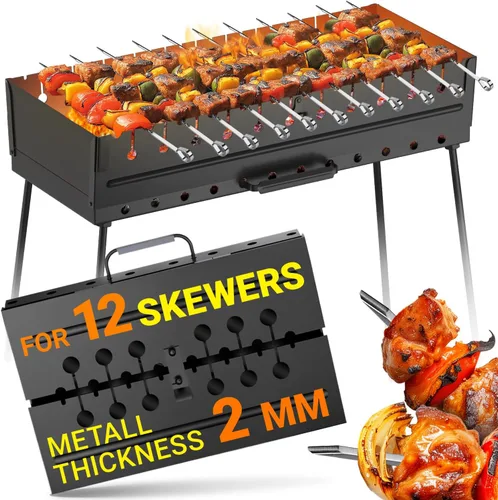 Miniatura 8 de Parrilla de carbón para 10 pinchos - Barbacoa portátil Mangal - Parrilla metálica plegable para Shashlik, Kebab, Picnic, Cocina al aire libre