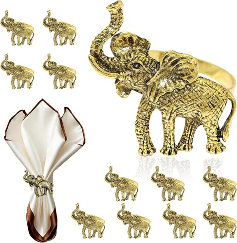 Miniatura 17 de Juego de 12 servilleteros de elefante de metal plateado para playa, boda, baby shower, reunión familiar, cumpleaños y safari africano