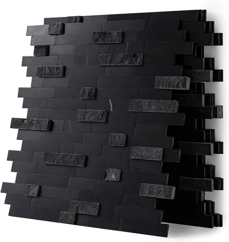 Azulejos de mosaico de piedra natural 3D de 5 hojas, 12 x 11 pulgadas para despegar y pegar, azulejos de pared autoadhesivos negros mixtos para
