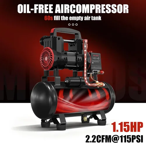 Miniatura 3 de Compresor de aire portátil con tanque de acero de 3 galones, 1.15 HP 2.2 CFM @ 90 PSI, compresor de aire sin aceite de 116 PSI máx. para garaje, uso