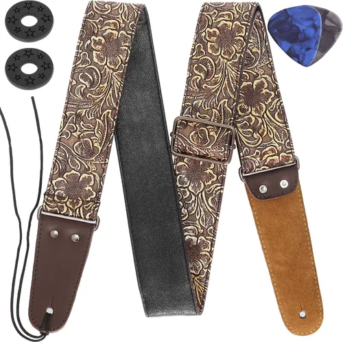 Correa de guitarra, piel sintética impresa, estilo clásico piel sintética PU, con extremos de piel genuina, para guitarra bajo eléctrico, amplio