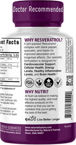 Miniatura 3 de Nutri Resveratrol Suplemento 1000 mg Trans-Resveratrol de ultra alta pureza - 15 veces más biodisponible con quercetina liposomal y fisetina