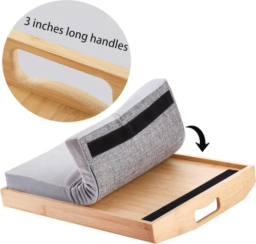 Miniatura 3 de Cedilis Bandeja de regazo de bambú con almohada desmontable, bandeja de servir de 16.9 x 13 pulgadas con asas para comer en la cama
