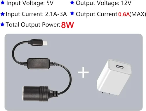 Miniatura 3 de CERRXIAN Cable de alimentación USB C macho a 12V 8W para encendedor de cigarrillos, cable de alimentación para Dash Cam, GPS, tiras de luz LED