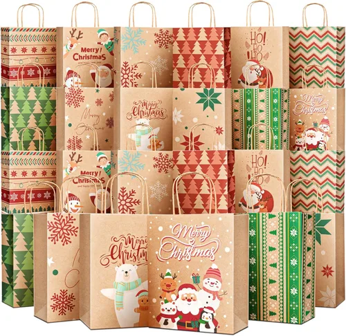 DeckTheHalls Bolsas de regalo de tamaño mediano con asas, decoraciones navideñas, bolsas de regalo surtidas con 12 diseños para regalos, compras y