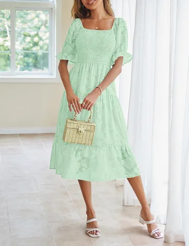 Miniatura 3 de MEROKEETY Vestido midi escalonado de verano para mujer, manga corta abombada, cuello cuadrado, floral, texturizado, escalonado
