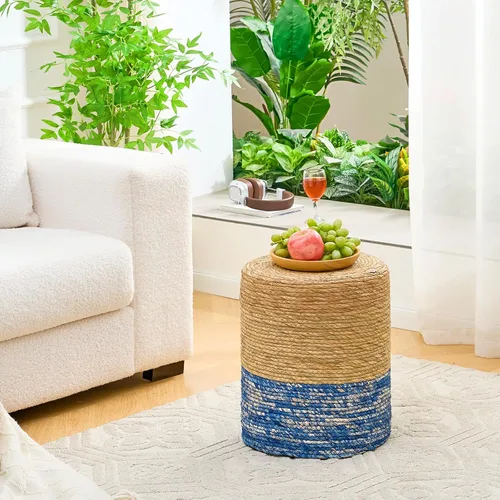 Miniatura 8 de Wimarsbon Taburete Natural de Sereno Marino, Otomana Redonda Tejida a Mano, para Sala de Estar, Asiento para Exterior (Natural y Azul)