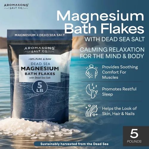 Miniatura 2 de Aromasong Copos de magnesio crudo para baño + sal del mar muerto para remojo – Paquete resellable de 5 libras de escamas de cloruro de magnesio