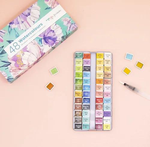 Miniatura 9 de Craftelier - Pastillero de acuarela con surtido de 48 colores + pincel de agua con depósito de agua para caligrafía, letras o medios mixtos y otras