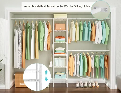 Miniatura 2 de Ulif M1 - Sistema Organizador de Almacenamiento para Closet, Perchero de Metal Resistente de 6 Niveles con 3 Varillas Expandibles para Colgar, Blanco
