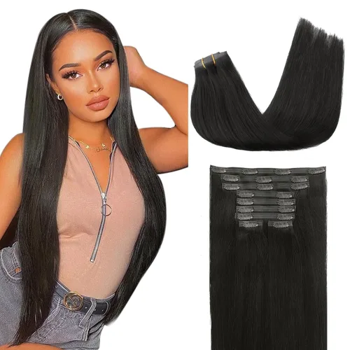 Miniatura 76 de Lashey - Extensiones de cabello con clip sin costuras, de cabello humano real, 7 unidades, 110 g, 14 pulgadas, color negro natural, lacio