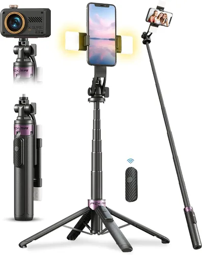 Trípode para selfie stick de 53 pulgadas con luz, soporte mejorado para teléfono celular de 4 patas, trípode para cámara con control remoto Negro A