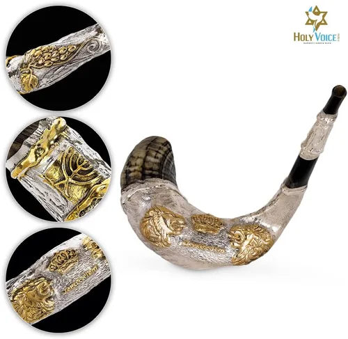 Miniatura 2 de Holy Voice "Leones y Corona" Shofar de 20"-22" de Ram decorativo bañado en plata esterlina con soporte de Shofar, bolsa de transporte y cepillo