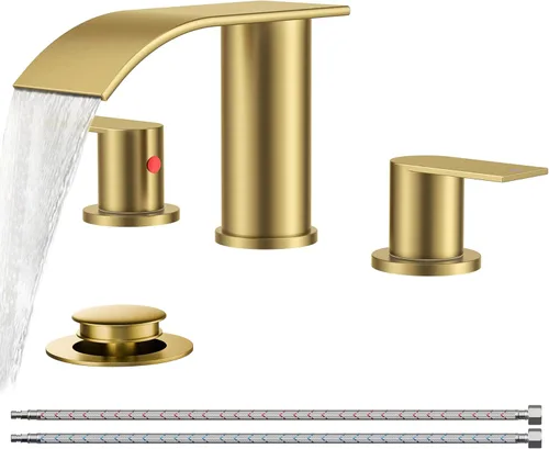 Miniatura 28 de FORIOUS Grifos de baño negros y dorados, cascada de 4 pulgadas con drenaje desplegable de metal y manguera cUPC para lavabo, tocador, RV, pedestal