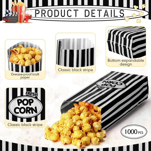 Miniatura 3 de Sherr 1000 bolsas de palomitas de maíz de 2 onzas a granel negras retro a rayas desechables para noches de cine, Navidad, circo, carnaval, fiesta