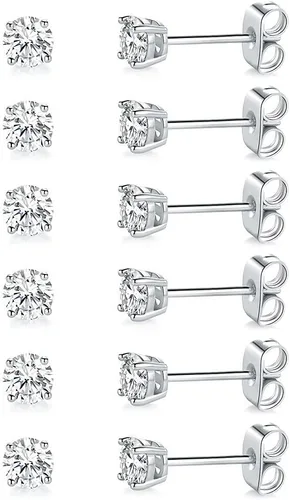 Miniatura 13 de Aretes de tuerca chapados en oro blanco de 18 quilates de 3 a 0.315 in con circonita cúbica redonda, paquete de 6 pares