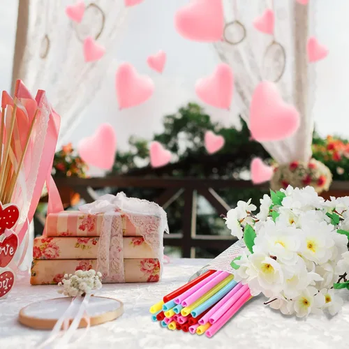 Miniatura 6 de Jutom Paquete de 25 pajitas en forma de corazón de San Valentín de 9.8 pulgadas reutilizables de silicona con 2 cepillos de limpieza para regalos