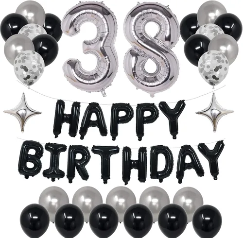 Miniatura 26 de Decoraciones de fiesta de cumpleaños color negro y plateado para niños y niñas, suministros de fiesta de cumpleaños número 14 con pancarta negra