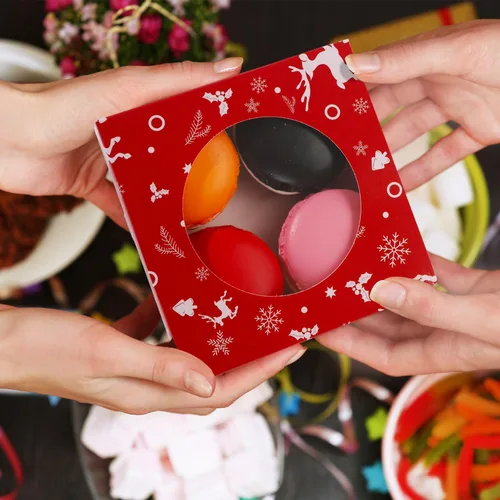 Miniatura 7 de 60 cajas de galletas de Navidad de 4.3 x 4.3 x 1.2 pulgadas, cajas de panadería de Navidad con ventana redonda transparente para panadería