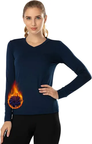 Miniatura 74 de MANCYFIT Tops térmicos para mujer, camisa con forro polar, manga larga, capa base, cuello en V
