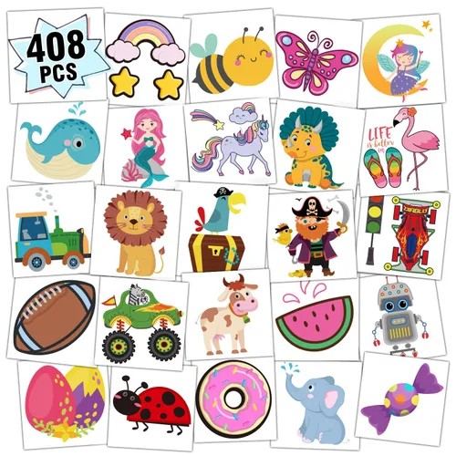Partywind 408 piezas de tatuajes infantiles para suministros de fiesta, hoja envuelta individualmente, calcomanías de tatuajes temporales para niños