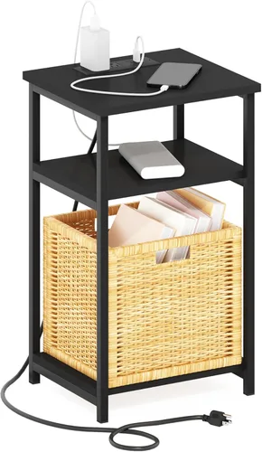 Miniatura 27 de Furinno JUST - Mesa auxiliar moderna de 3 niveles con estación de carga, mesita de noche de fácil montaje, mesita de noche con puerto USB y tipo C