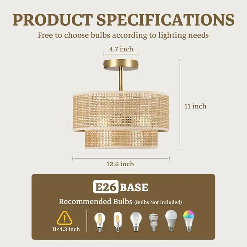 Miniatura 3 de Lámpara bohemia para techo, 13 pulgadas, lámpara de techo semiempotrada de 13 pulgadas, candelabro de granja de 3 luces, lámpara de techo de ratán
