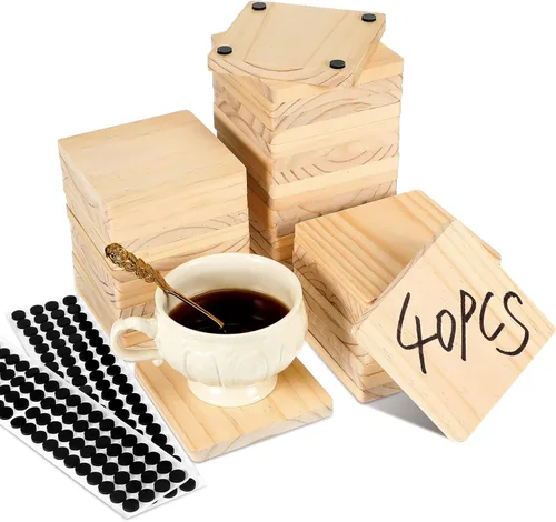 Meanplan Posavasos de madera en blanco para manualidades con almohadillas antideslizantes, posavasos de madera sin terminar para pintura de