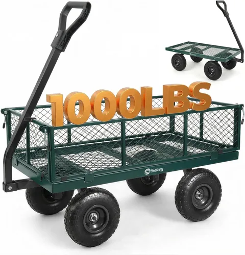 Miniatura 13 de Sekey Carrito de jardín de malla de acero de 600 libras para patio y patio trasero, carro utilitario con lados extraíbles (cama plana convertible)