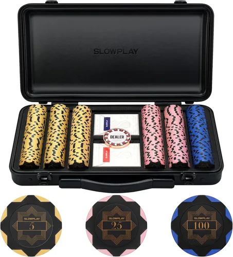 Miniatura 7 de SLOWPLAY Juego de fichas de póker de 14g de arcilla para Texas Hold'em, 500 piezas, con valores numerados, estilo Art Deco, y estuche de transporte