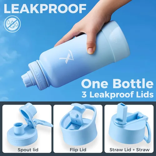 Miniatura 6 de Lexlion Botella de Agua con Infusor de Té 32 Oz – Termo de Acero Inoxidable con Triple Pared Aislada, Colador para Hojas Sueltas y Frutas, 3 Tapas a