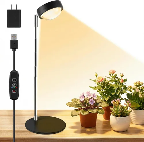 Luz de cultivo de plantas, luces LED de espectro completo con base de metal, lámparas de cultivo de plantas de escritorio con temporizador de
