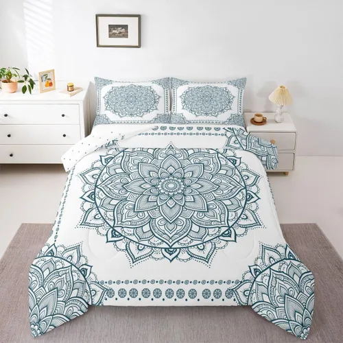 Miniatura 24 de Erosebridal Chic - Juego de edredón de flores tamaño Queen, juego de ropa de cama estética con mandala, juego de edredón gris turquesa, juego