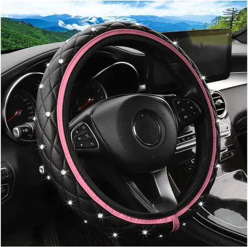 Miniatura 6 de Funda de volante de coche con brillo, 15" de cuero elástico antideslizante con strass de cristal, protector de volante para vehículos, accesorios