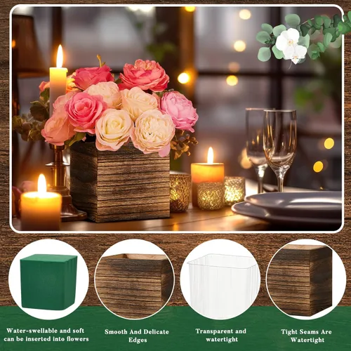 Miniatura 3 de Dandat Juego de 12 Macetas Cúbicas de Madera, Maceta Cuadrada de Madera Estilo Rústico con Forro de Plástico Desmontable, Bloques de Espuma Floral
