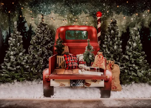 BELECO Telón de fondo rojo de Navidad de 12 x 8 pies para fotografía, bosque nevado de invierno, regalos de automóvil, camión, Navidad, fondo de
