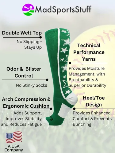 Miniatura 4 de MadSportsStuff Calcetines de sóftbol con estrellas para niñas y mujeres, calcetines altos por encima de la pantorrilla, tallas para jóvenes y adultos
