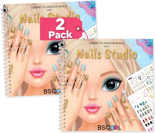 BSCOOL Nails Studio Learn to Design Nails Activity Book for Girls Ages 5+ – 2 Pack – Nail Art Sticker Design Book with Guides – Creative Birthday