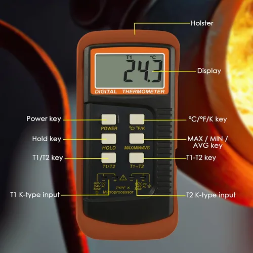 Miniatura 8 de Termómetro de termopar tipo K (-50 ~ 2,372.0 °F), termómetro digital de canales dobles con 2 abrazaderas de temperatura, 2 sondas de termopar