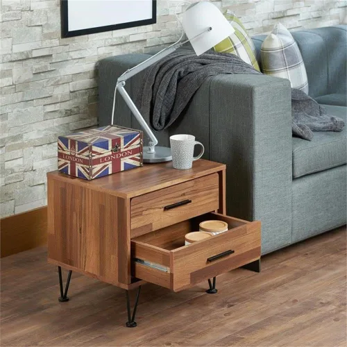Miniatura 5 de Acme Deoss Mesita de noche rectangular de madera con 2 cajones con patas en forma de V en nogal
