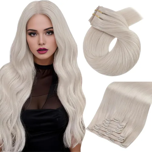 Miniatura 37 de Moresoo - Extensiones de cabello humano con pinzas, sin costuras, con trama, de poliuretano, invisible, cabello humano real, color rubio platino, 7