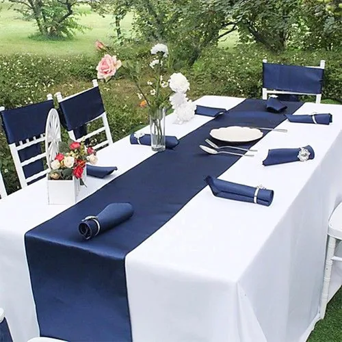 Miniatura 7 de Paquete de 10 caminos de mesa de satén azul marino de 12 x 108 pulgadas de largo para bodas, decoraciones para fiestas de cumpleaños, banquetes