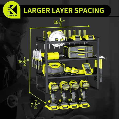 Miniatura 5 de KAFAHOM Organizador de herramientas eléctricas, soportes para taladros de 4 capas para montaje en pared, organizadores de metal resistente y estante
