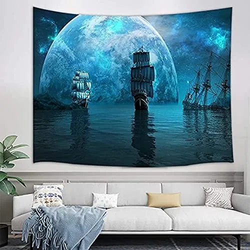 Miniatura 2 de Tapiz de pared para decoración de navegación de barco pirata, dos veleros y un enorme planeta azul en la noche de la galaxia mística, manta
