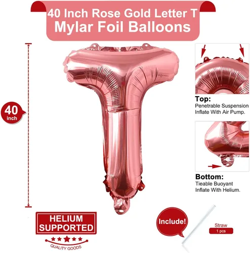 Miniatura 2 de Lovoir Globos grandes de 40 pulgadas con la letra T de oro rosa de gran tamaño, globo de helio de aluminio de Mylar para decoración de fiesta