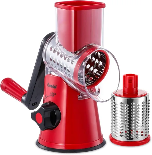 Miniatura 25 de Rallador de queso giratorio Geedel con 3 cuchillas intercambiables, rallador de mandolina de cocina para verduras, frutas, nueces, fácil de limpiar